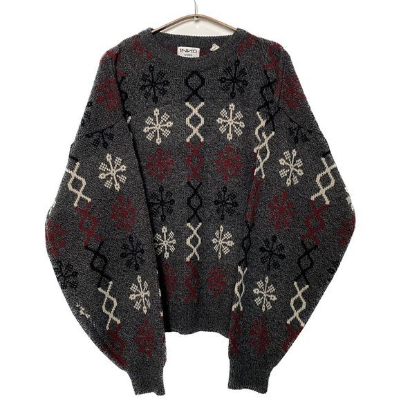 Vintage Graphic Sweater Men XL Grey Red Snowflake Geo 80s 90s Intarsia Retro - Picture 1 of 14